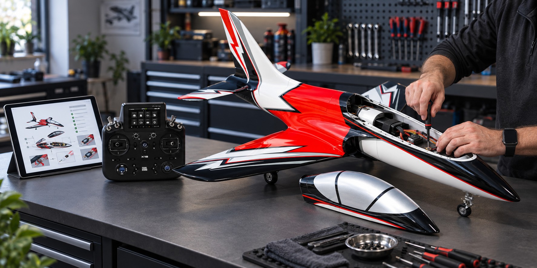 HSD aircraft being prepared on a workbench with digital setup instructions and an RC transmitter