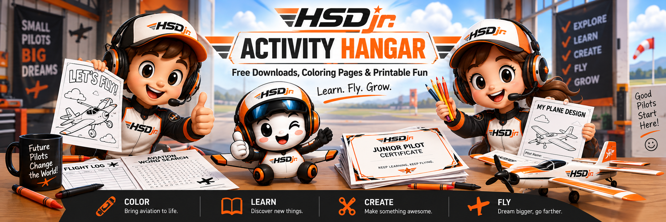 HSD Jr Activity Hangar free coloring pages and aviation activities